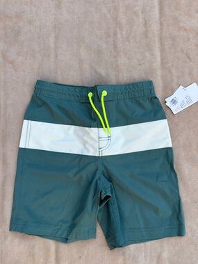 NEW 🌊 Old Navy Boys Teal Swim Trunks White Stripe Neon Drawstring - L (10-12)